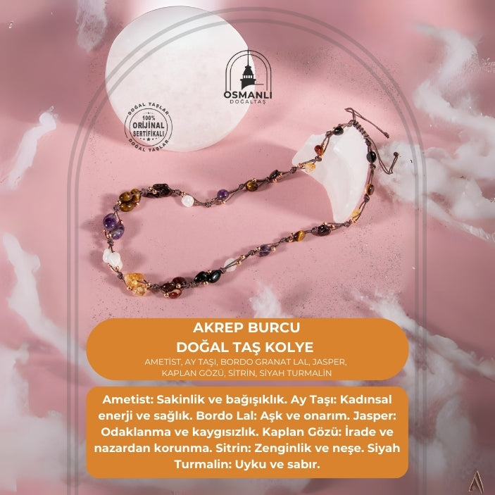 Akrep Burcu Kolye Ametist, Ay Taşı, Bordo Granat Lal, Jasper, Kaplan Gözü, Sitrin, Siyah Turmalin