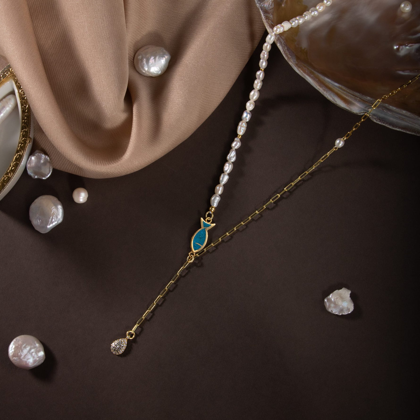 İnci Doğal Taş Gümüş Zincir Kolye