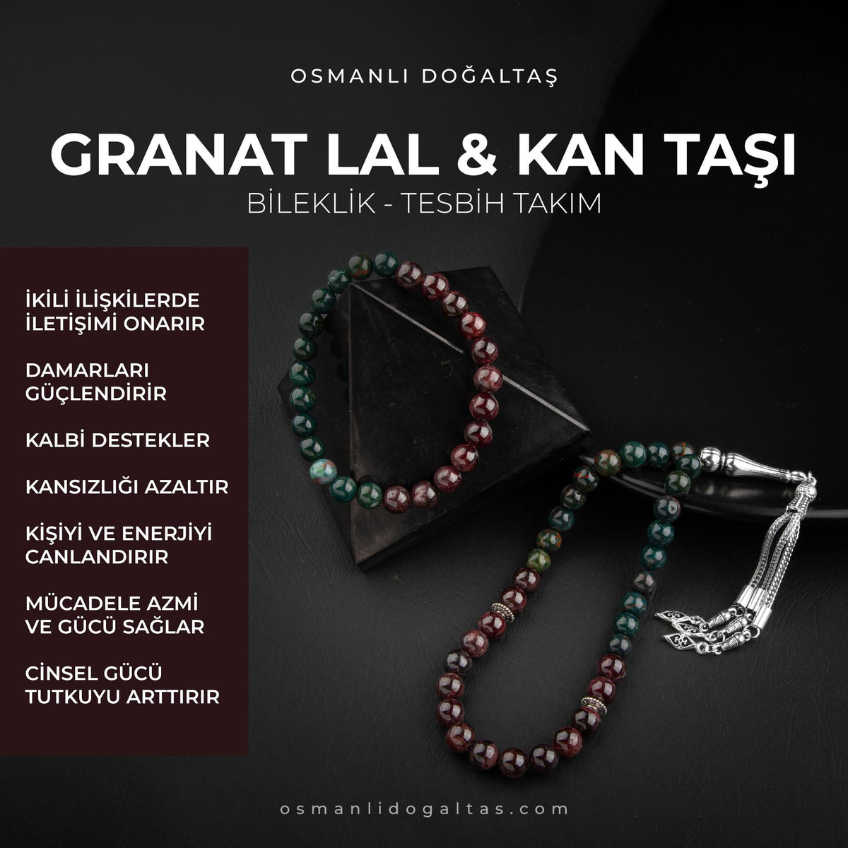 Kan Taşı-Bordo Granat Lal Doğal Taş Tesbih Bileklik Seti