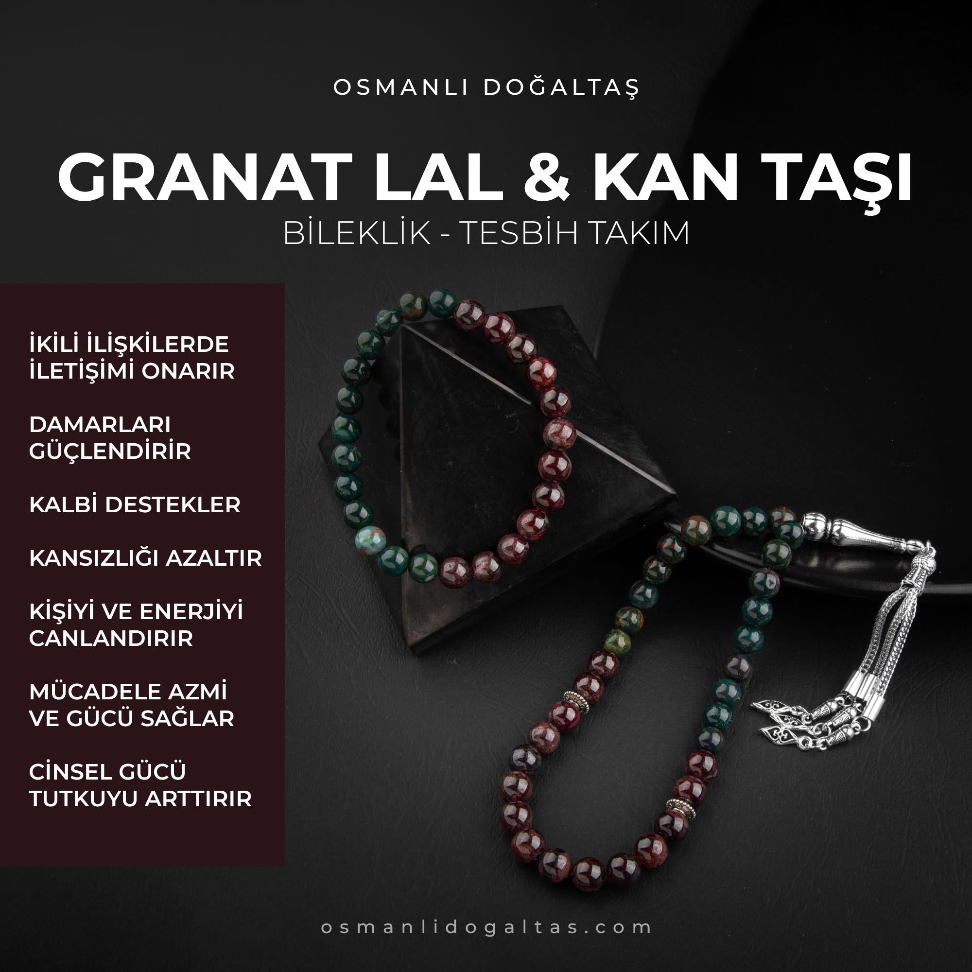 Kan Taşı-Bordo Granat Lal Doğal Taş Tesbih Bileklik Seti