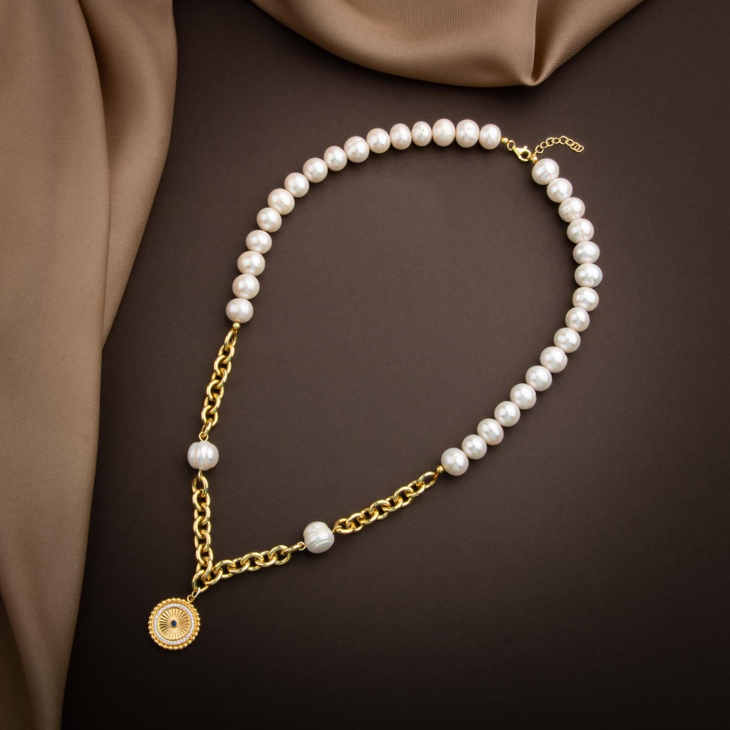 Lapis Lazuli Taşlı İnci Doğal Taş Gümüş Doc Zincir Tasarım Kolye