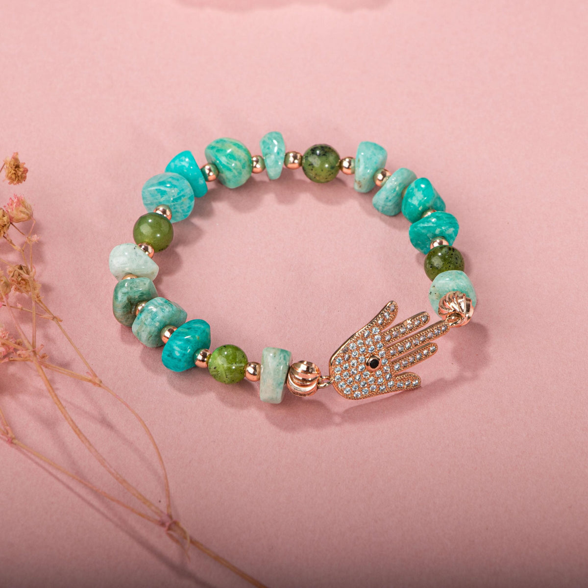 Amazonit-Yeşim Doğal Taş Hamsa Fatıma Eli Altın Kaplama Bileklik