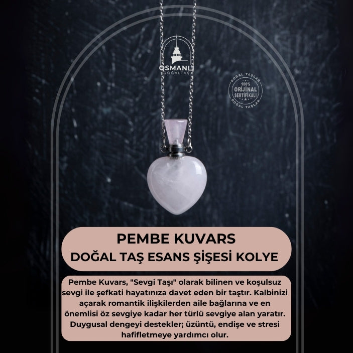 Sertifikalı Pembe Kuvars Doğal Taş Esans Şişesi Kolye