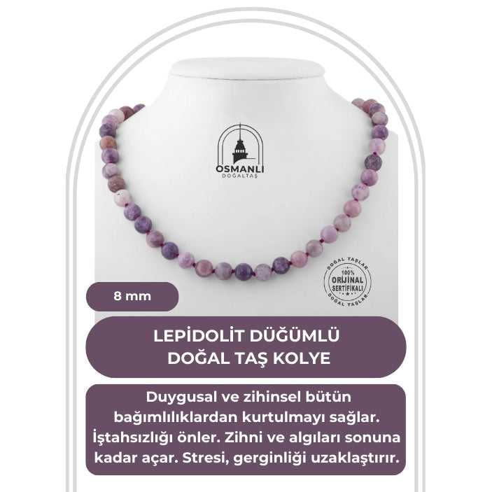 Lepidolit 8 mm Düğümlü Doğal Taş Kolye
