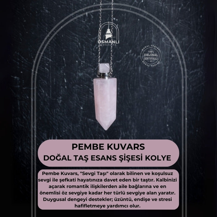 Sertifikalı Pembe Kuvars Doğal Taş Esans Şişesi Kolye