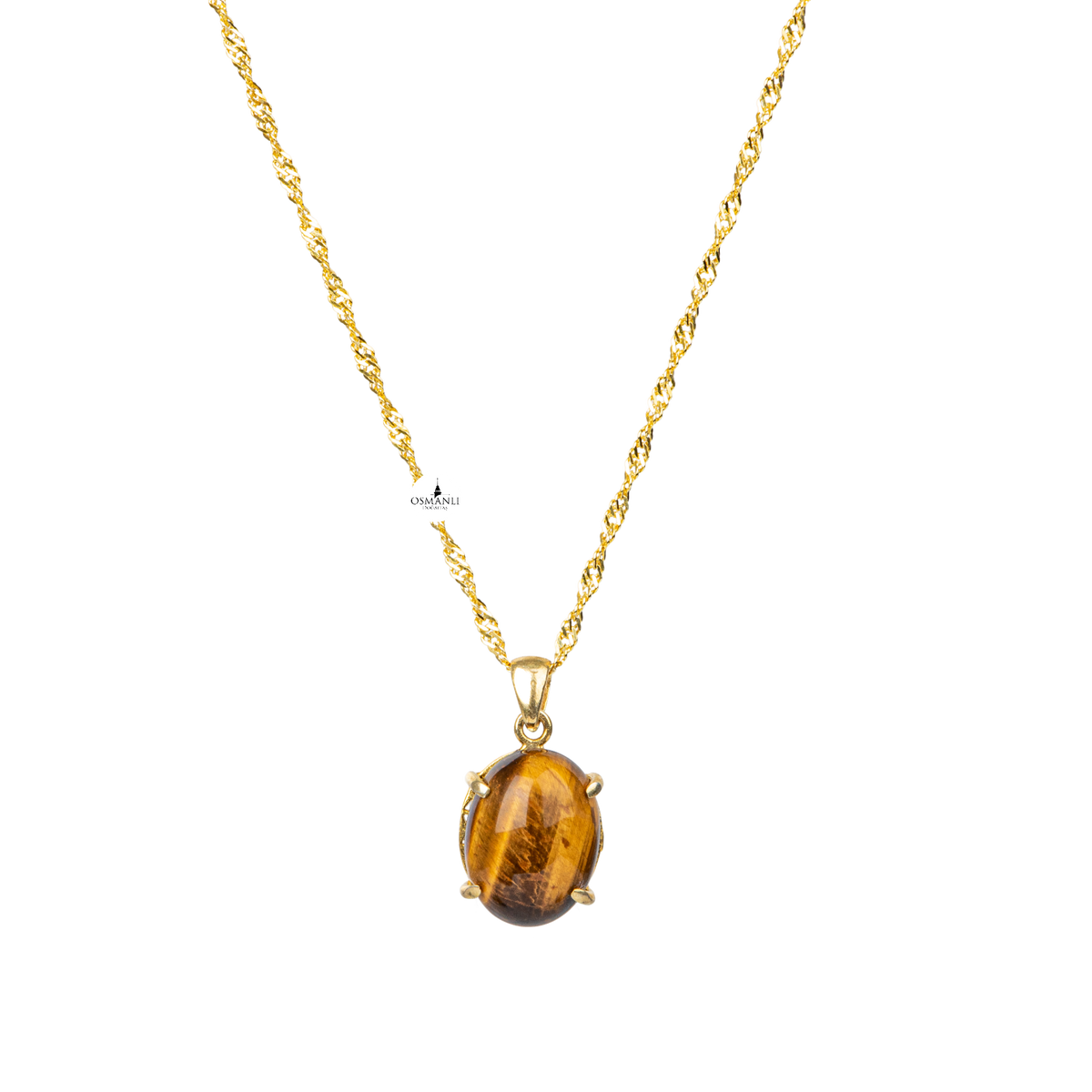 Kaplan Gözü Doğal Taş Sarı Gümüş Oval Kolye