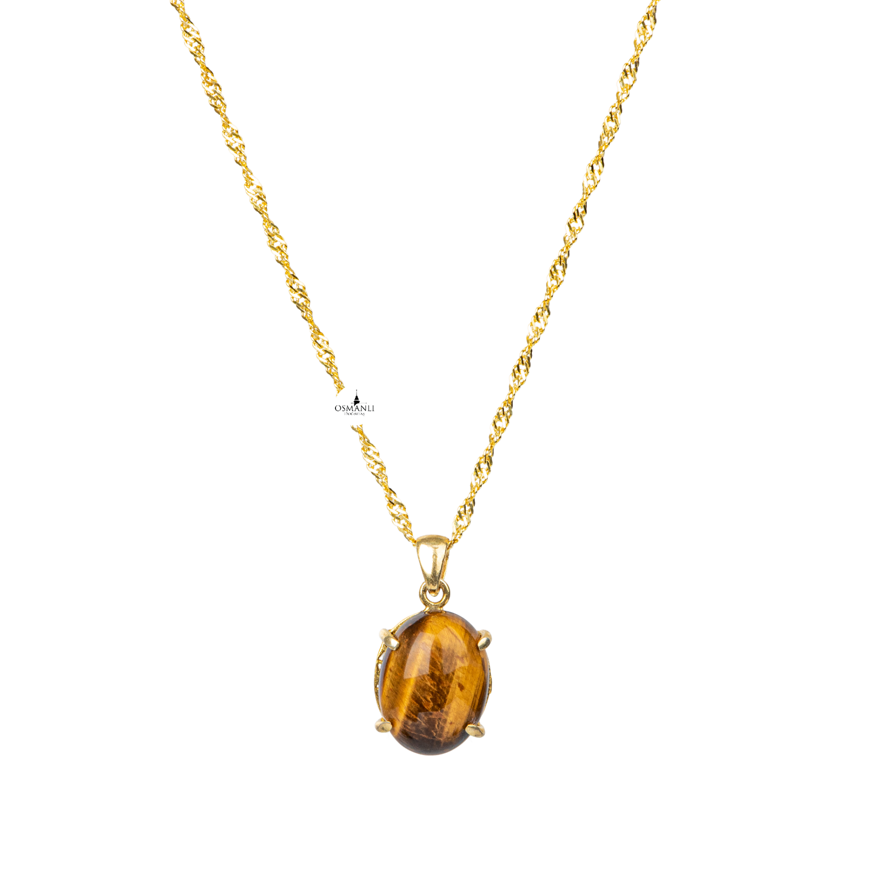 Kaplan Gözü Doğal Taş Sarı Gümüş Oval Kolye