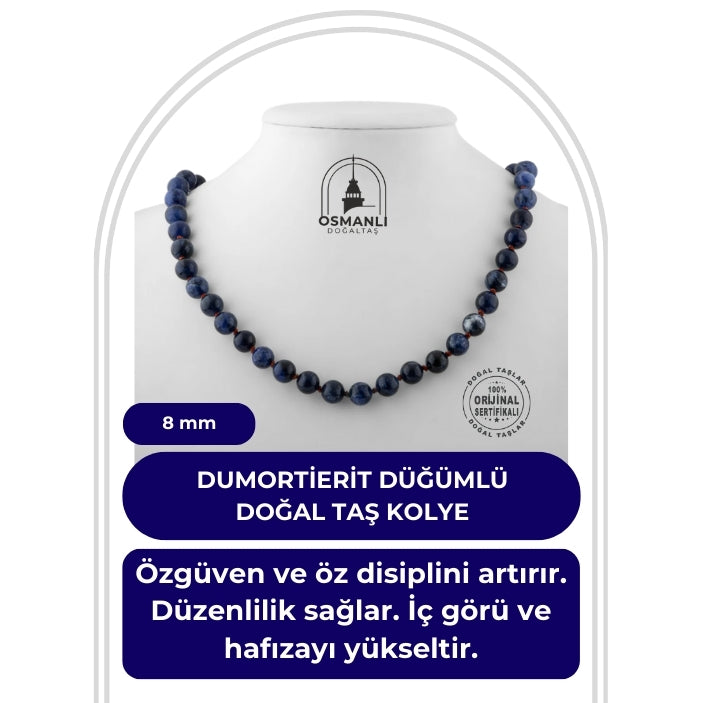 Dumortierit 8 mm Düğümlü Doğal Taş Kolye