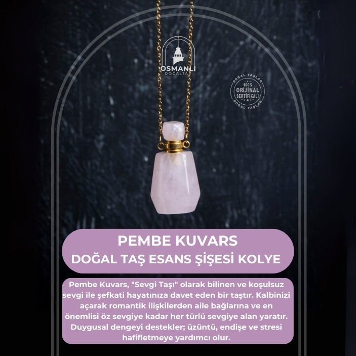 Sertifikalı Pembe Kuvars Doğal Taş Esans Şişesi Kolye