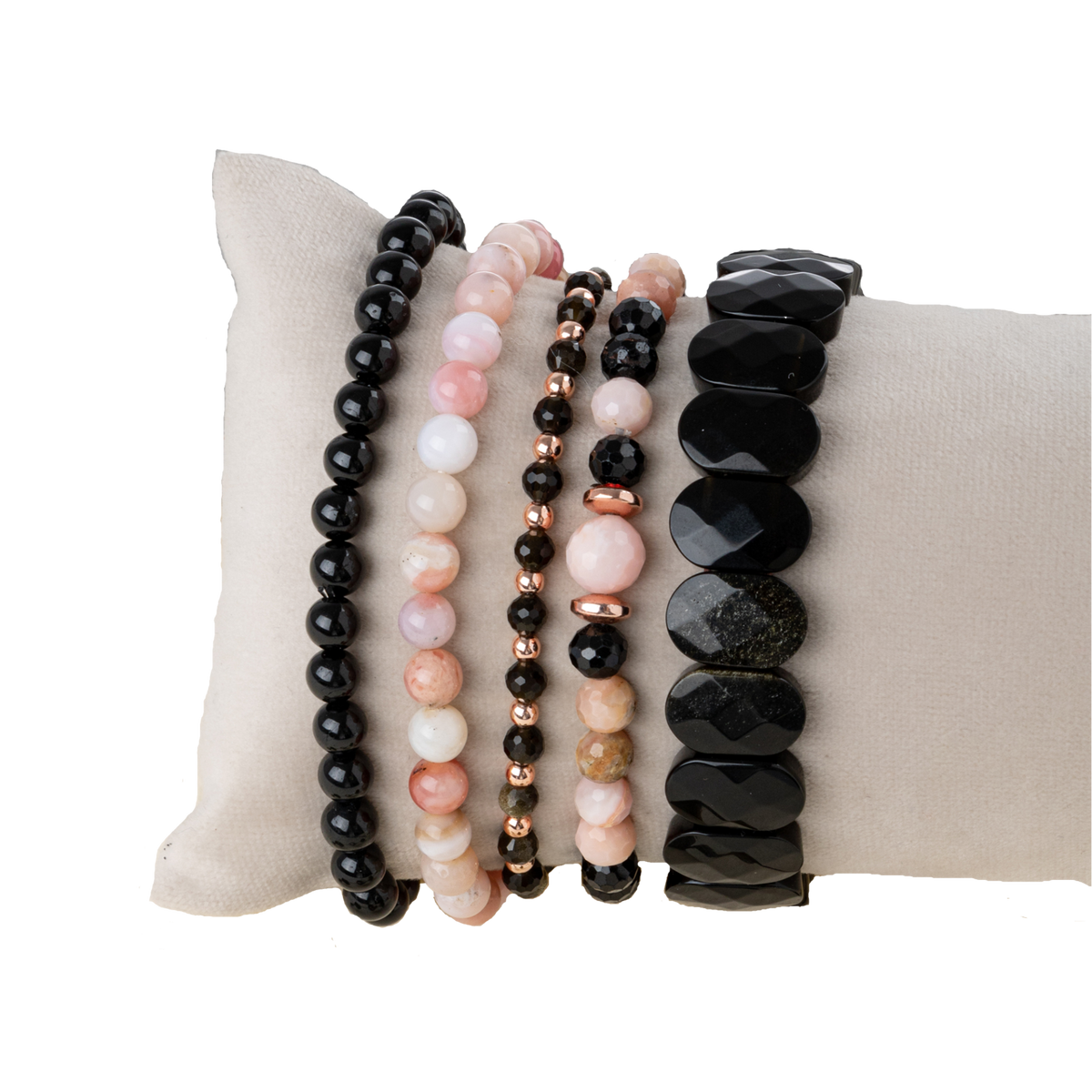 Obsidyen-Pembe Opal-Siyah Turmalin Doğal Taş Kadın Bileklik Seti