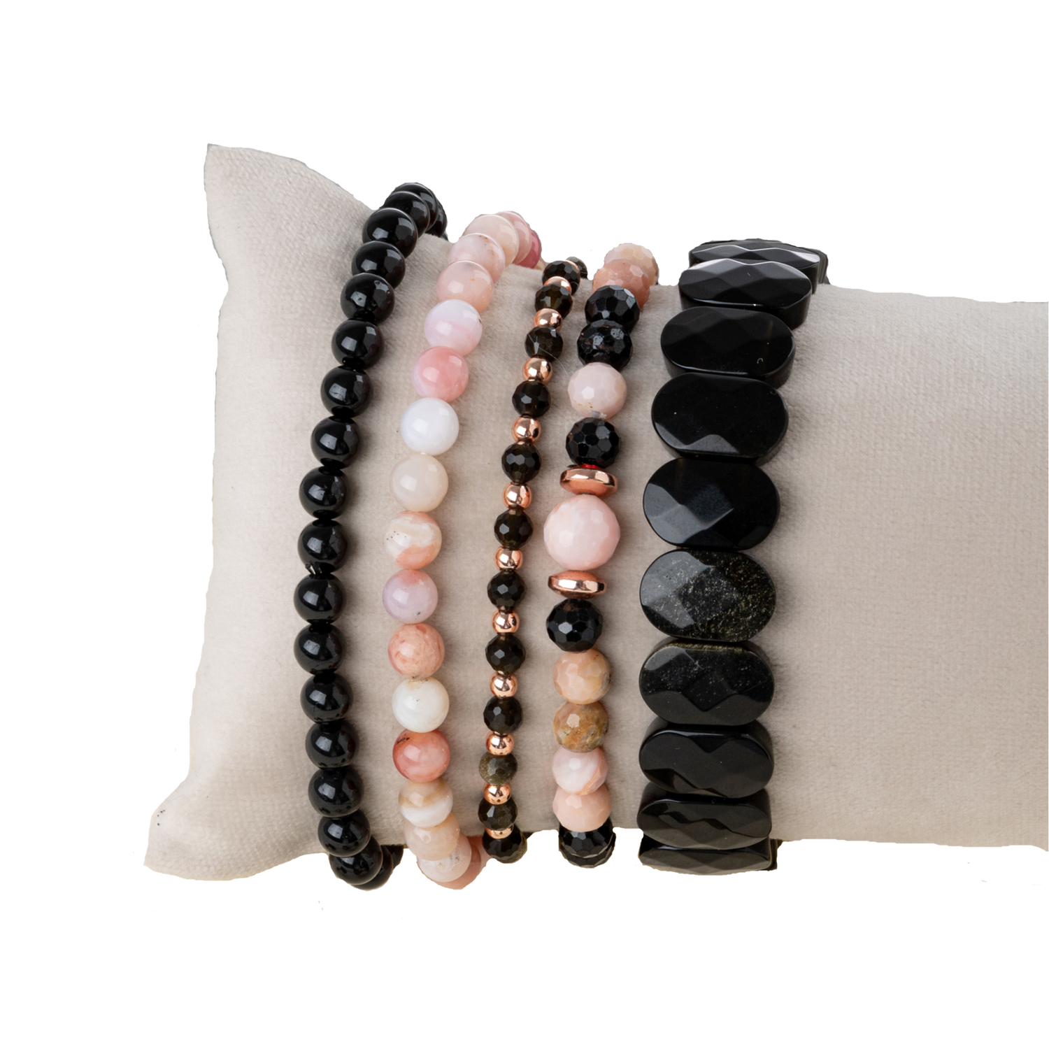 Obsidyen-Pembe Opal-Siyah Turmalin Doğal Taş Kadın Bileklik Seti