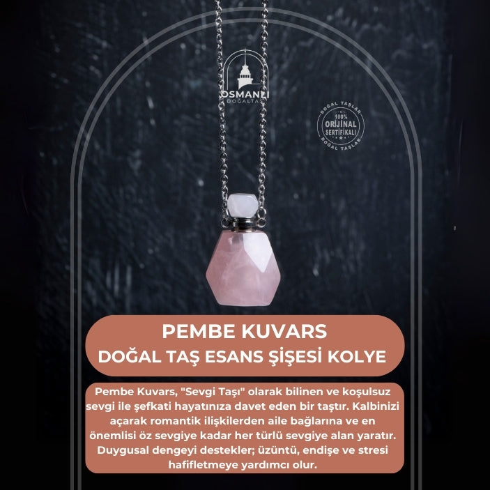 Sertifikalı Pembe Kuvars Doğal Taş Esans Şişesi Kolye