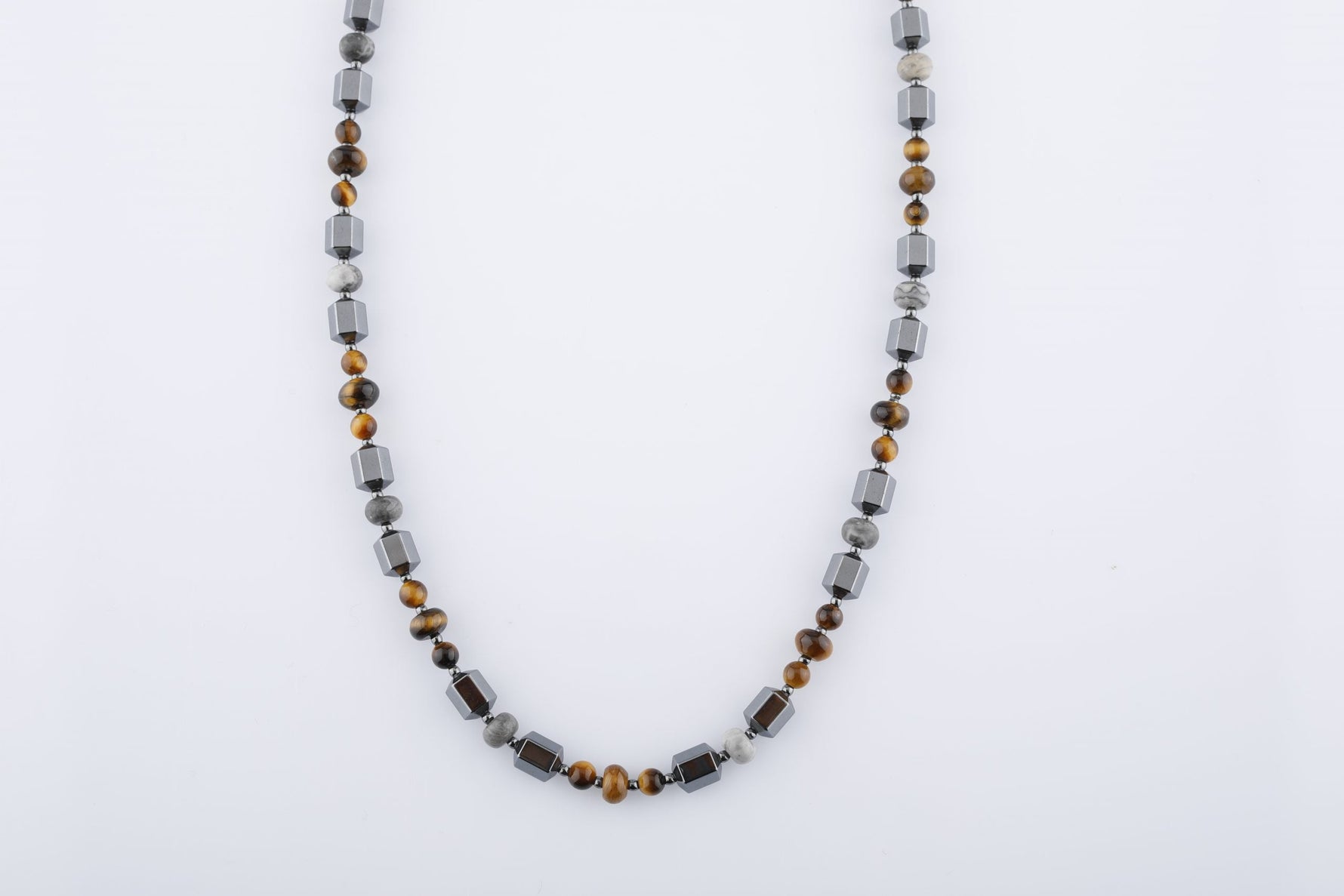 Kaplan Gözü-Gri Jasper-Hematit Doğal Taş Erkek Kolye