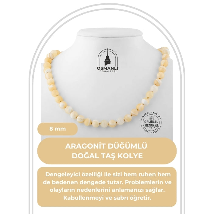 Aragonit 8 mm Düğümlü Doğal Taş Kolye