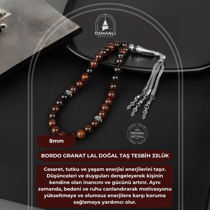 Bordo Granat Lal Doğal Taş Tesbih 33lük - 8mm