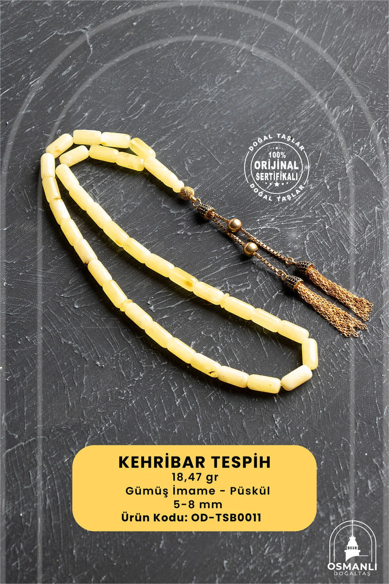 Sertifikalı 5-10 mm Silindir Kesim Gold Eskitme Kaplamalı Gümüş İmame ve Püsküllü Kehribar Tesbih - 18,47 gr