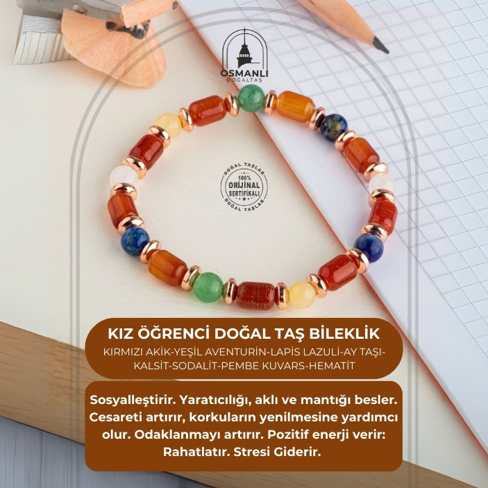 Kız Öğrenci Doğal Taş Bileklik-Kırmızı Akik-Yeşil Aventurin-Lapis Lazuli-Ay Taşı-Kalsit-Sodalit-Pembe Kuvars-Hematit