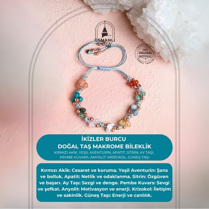 Sertifikalı İkizler Burcu Doğal Taş Makrome Bileklik