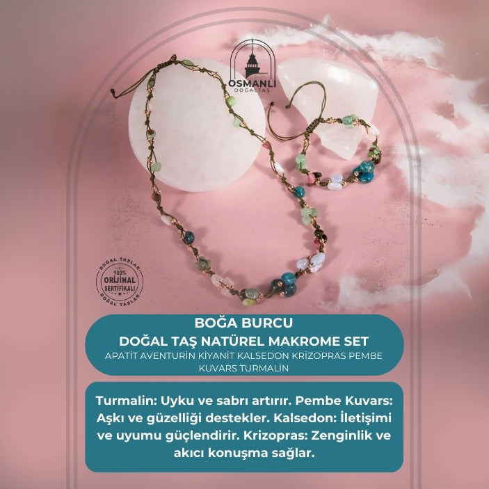 Boğa Burcu Doğal Taş Natürel Makrome Kolye Bileklik Seti Apatit Aventurin Kiyanit Kalsedon Krizopras Pembe Kuvars Turmalin