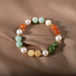 İnci-Turuncu Aventurin-Amazonit-Yeşim-Kalsit Doğal Taş Gümüş Bileklik