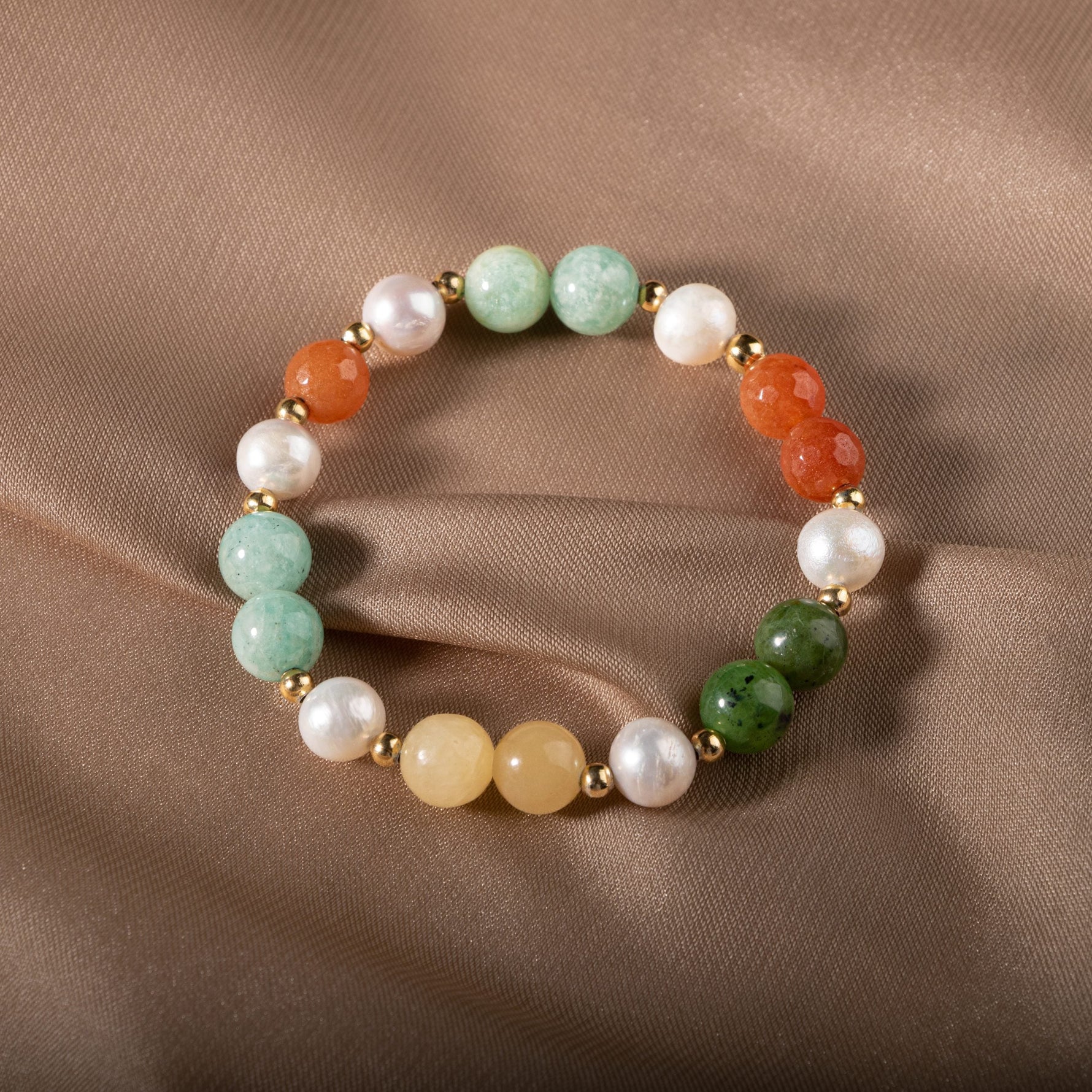 İnci-Turuncu Aventurin-Amazonit-Yeşim-Kalsit Doğal Taş Gümüş Bileklik