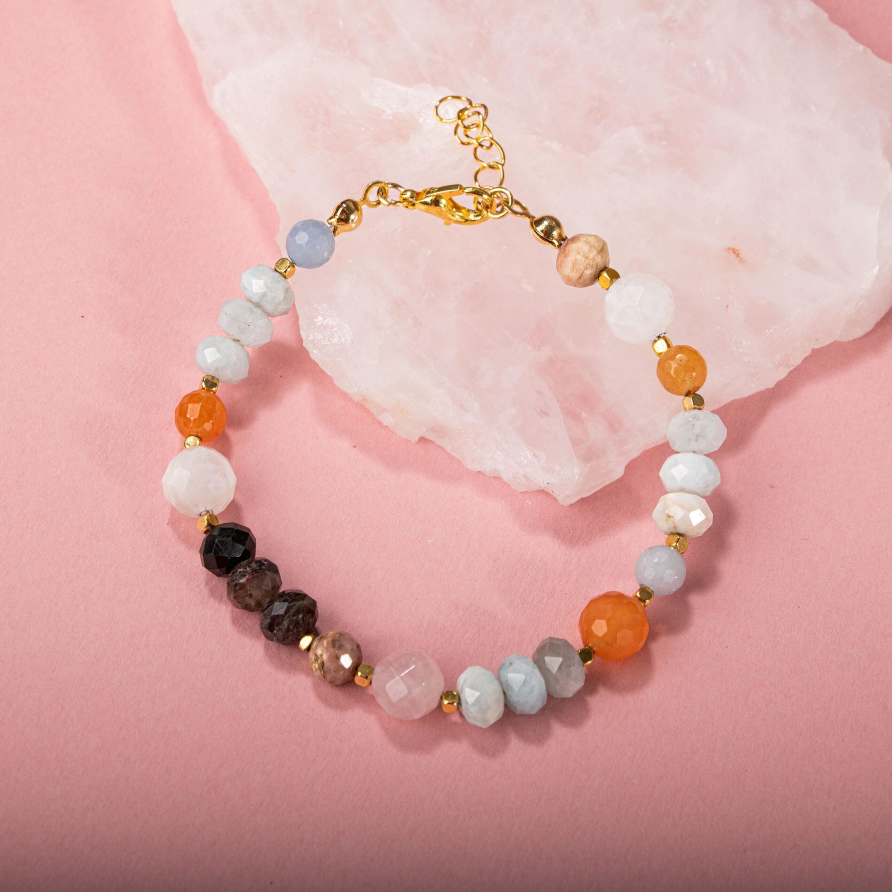 Anjelit-Morganit-Pembe Kuvars-Renkli Turmalin-Ay Taşı-Turuncu Aventurin-Akuamarin-Madagaskar Akik Doğal Taş Bileklik