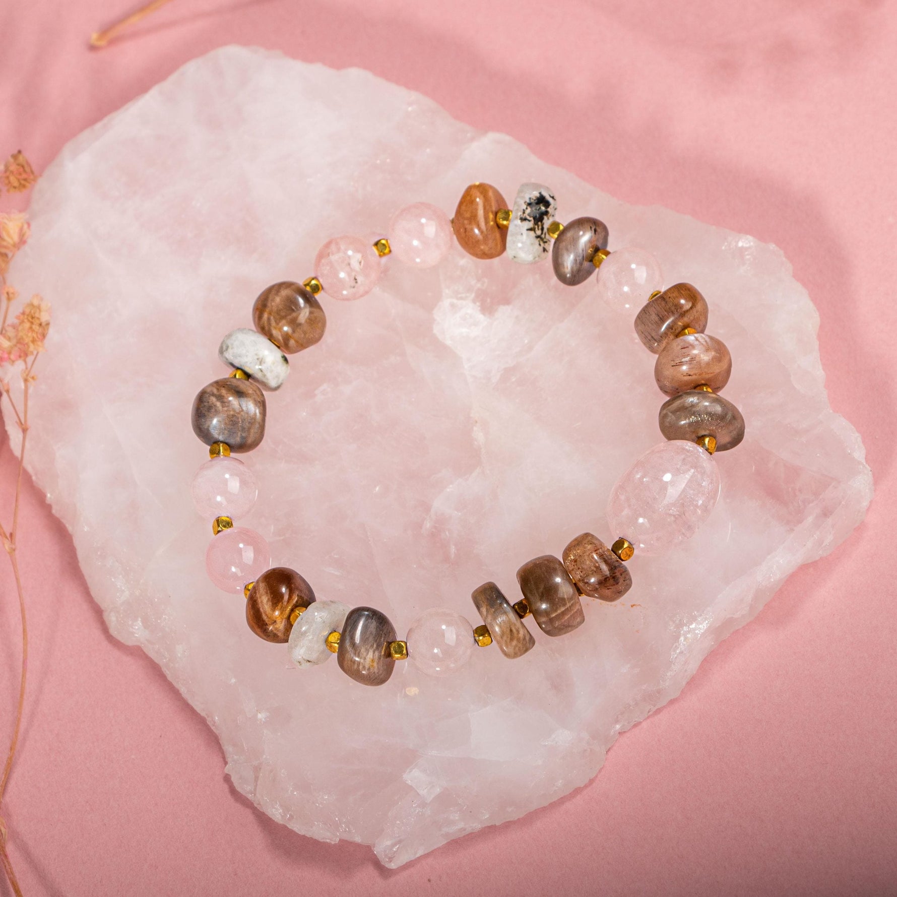 Ay Taşı-Pembe Kuvars-Güneş Taşı Doğal Taş Bileklik