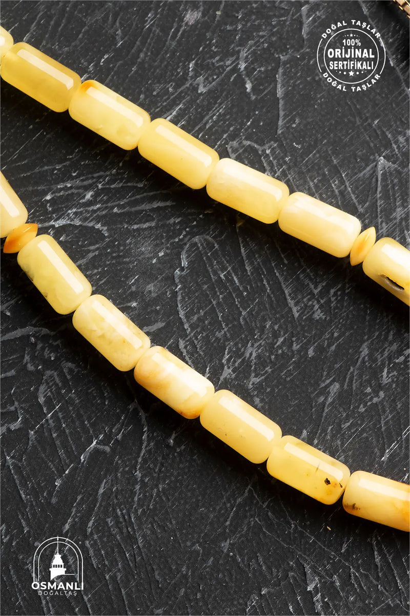 Sertifikalı 5-10 mm Silindir Kesim 20,25 gr Gold Eskitme Kaplamalı Gümüş İmame ve Püsküllü Kehribar Tesbih
