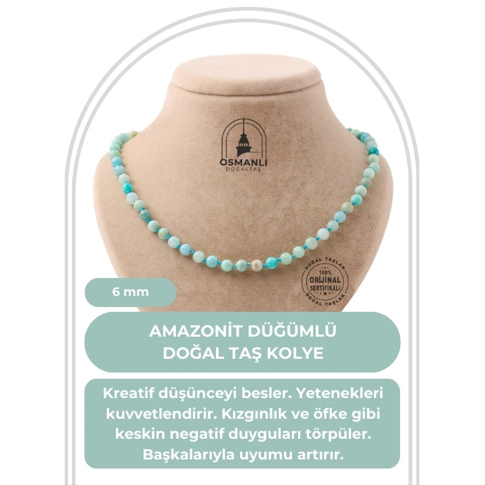 Amazonit 6 mm Düğümlü Doğal Taş Kolye