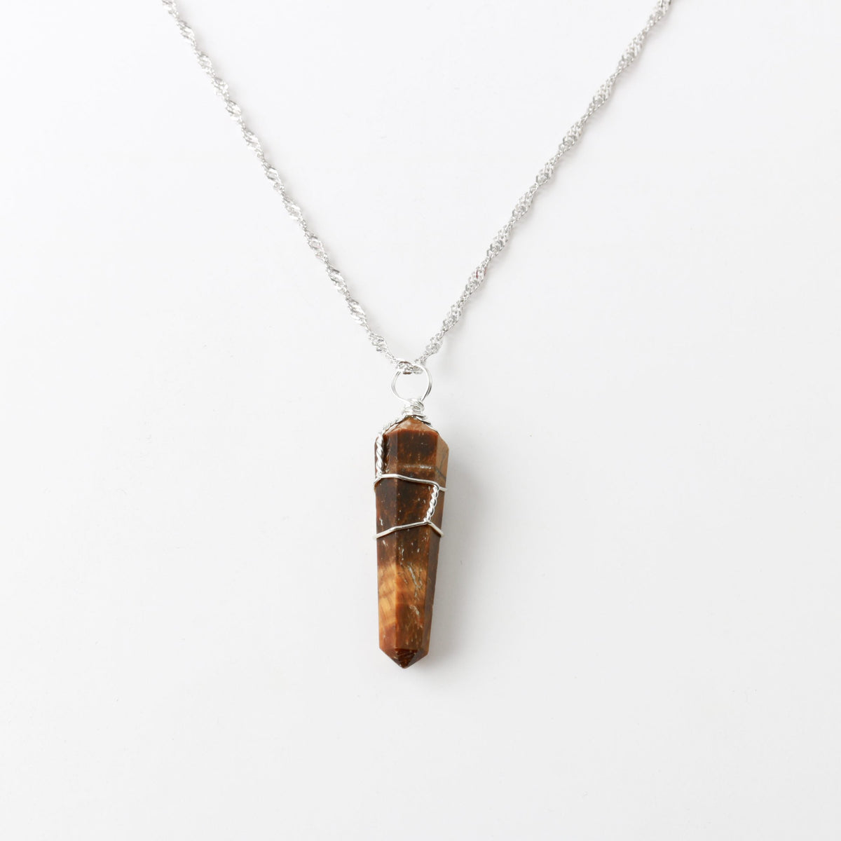 Kaplan Gözü Doğal Taş Kolye Ucu 3x1 cm, Gümüş Zincir