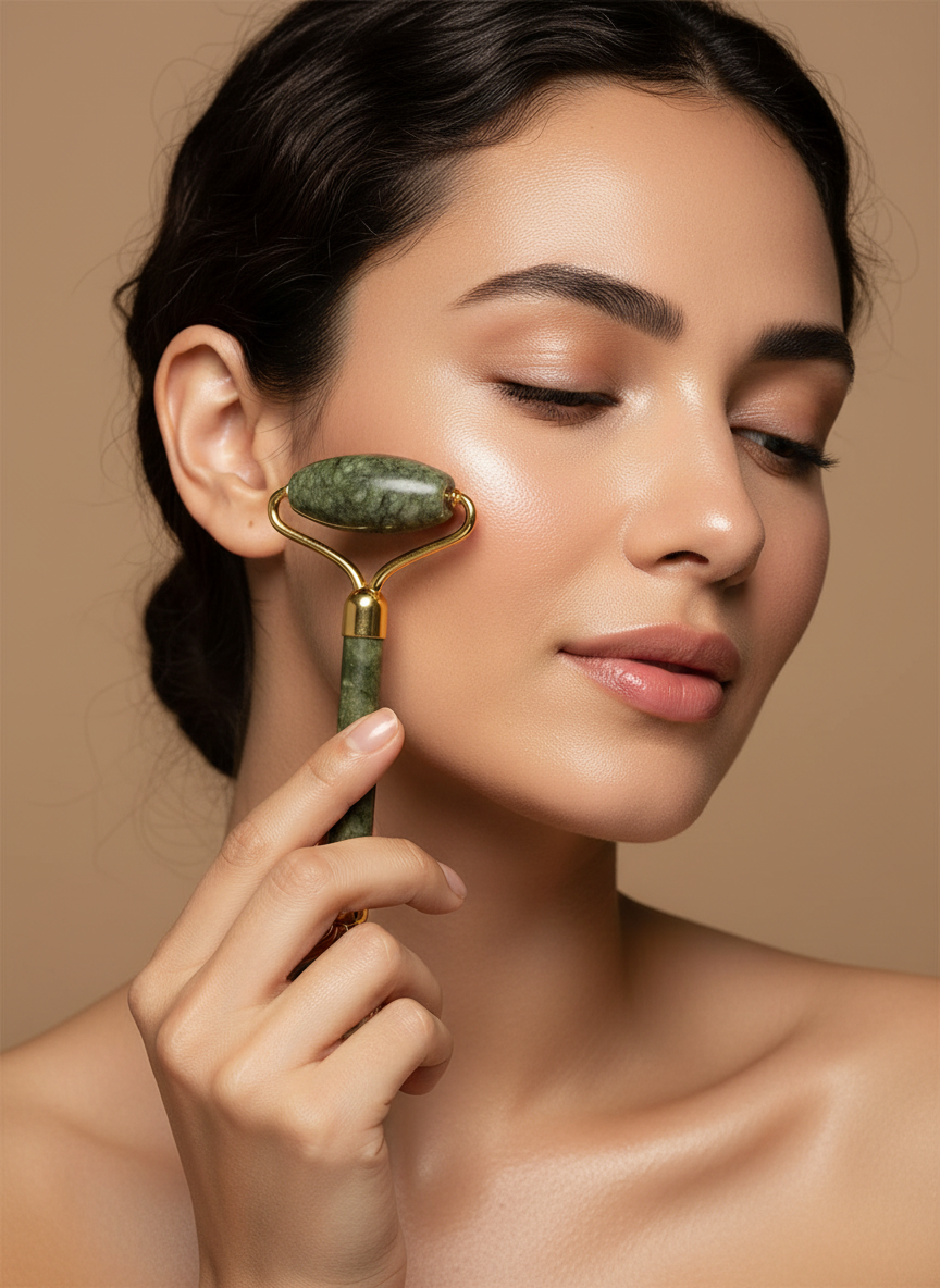 Yeşim Taşı Masaj Takımı - Roller ve Gua Sha Kapli Set - model çekimi 1