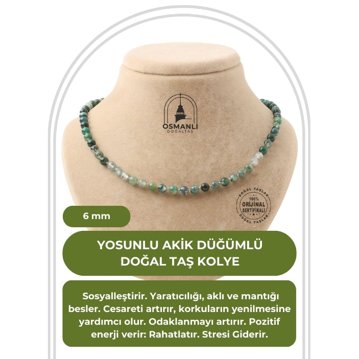 Yosunlu Akik 6 mm Düğümlü Doğal Taş Kolye