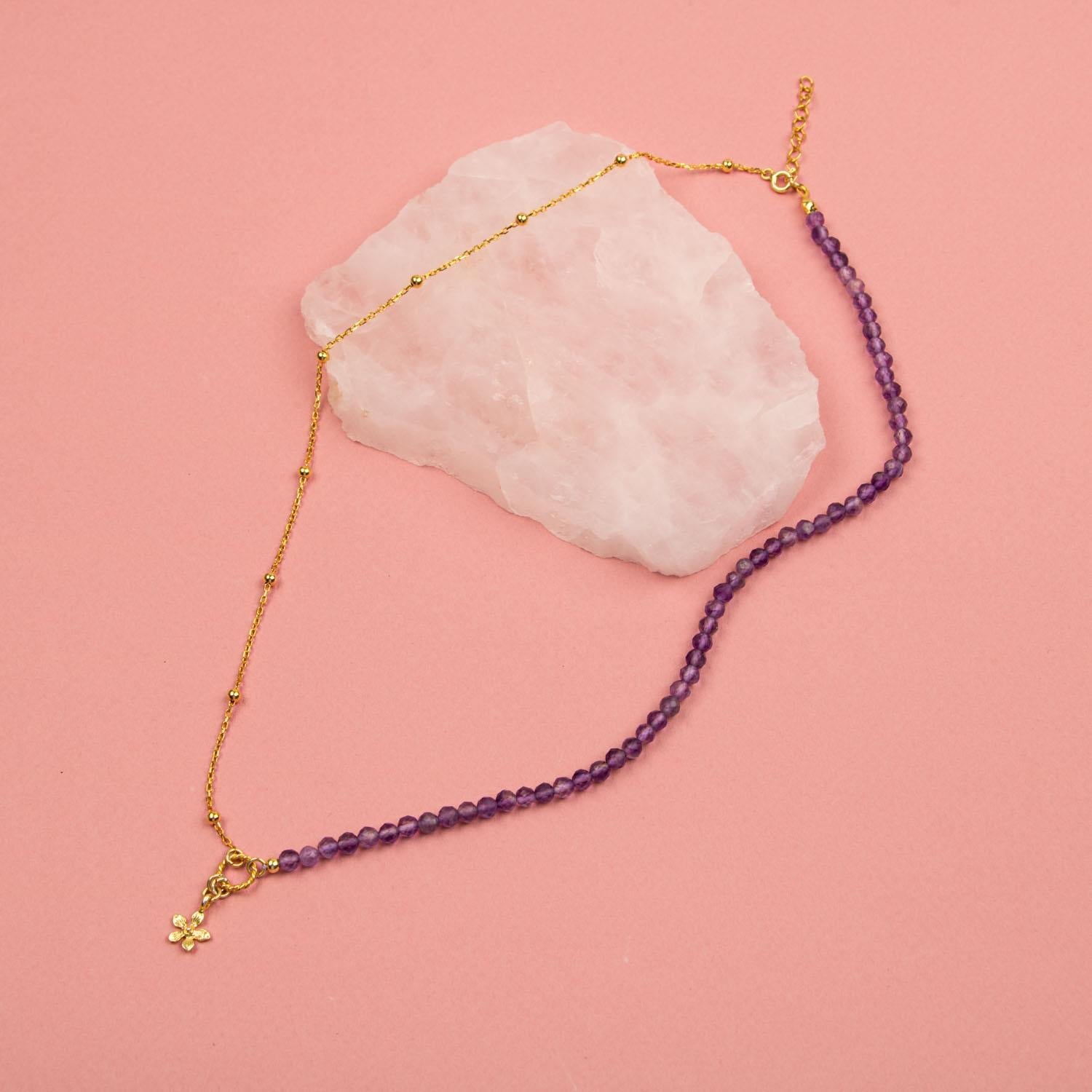 Ametist Doğal Taş Gümüş Çiçekli Kolye