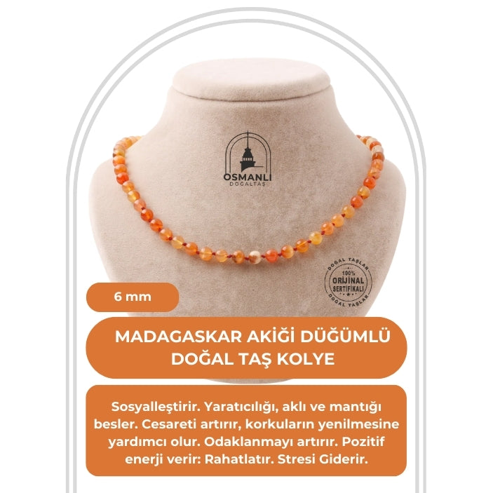 Madagaskar Akiği 6 mm Düğümlü Doğal Taş Kolye