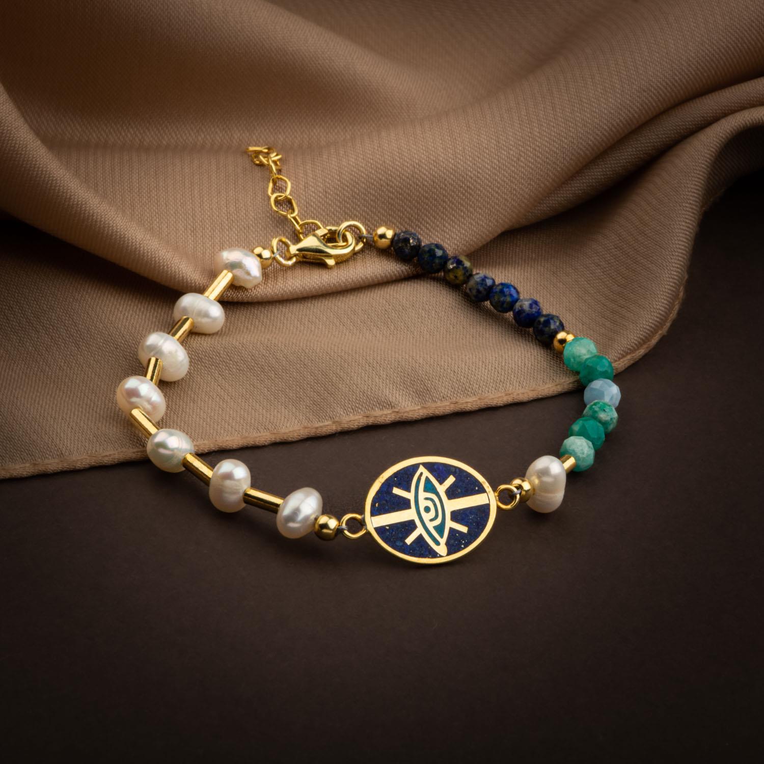 Mozaik Lapis Lazuli Taşlı-Amazonit-İnci Doğal Taş Gümüş Tasarım Bileklik