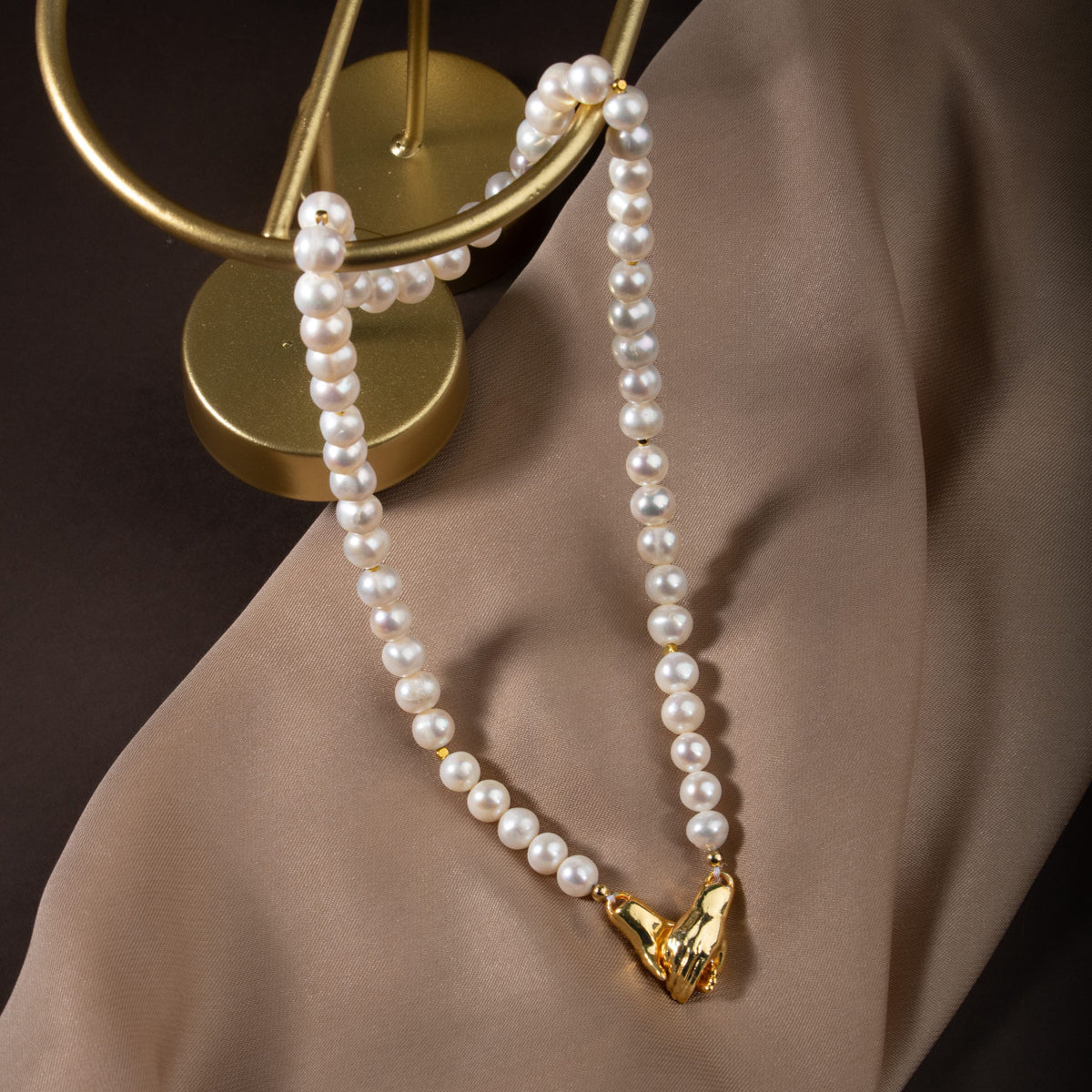 İnci Doğal Taş Gümüş El Ele Kolye