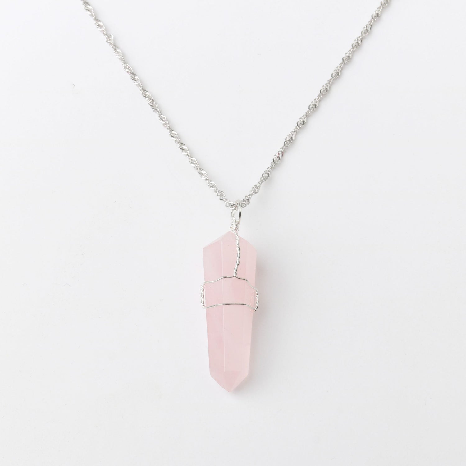 Pembe Kuvars Doğal Taş Kolye Ucu 3x1 cm, Gümüş Zincir