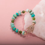 Amazonit-Yeşim Doğal Taş Hamsa Fatıma Eli Altın Kaplama Bileklik