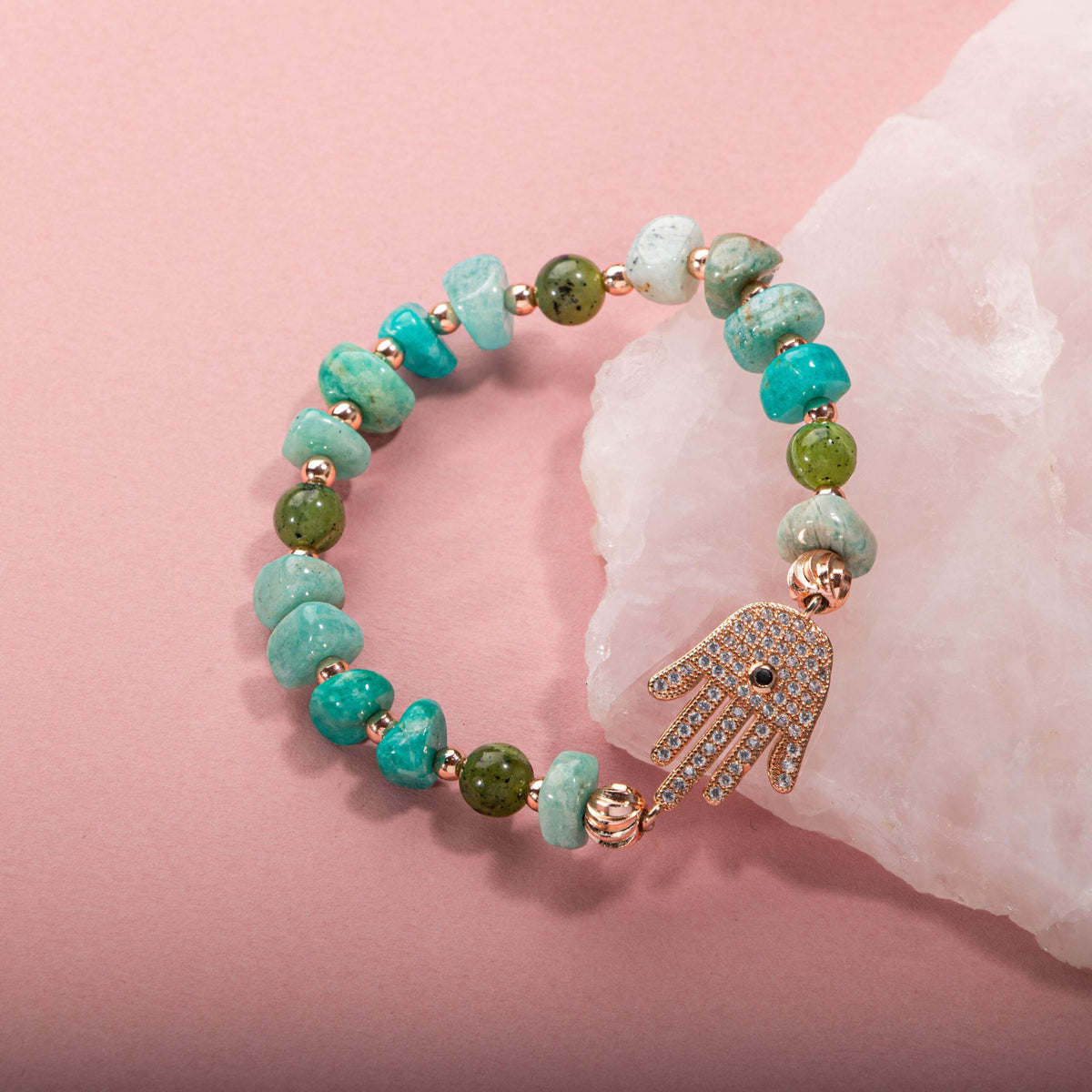 Amazonit-Yeşim Doğal Taş Hamsa Fatıma Eli Altın Kaplama Bileklik