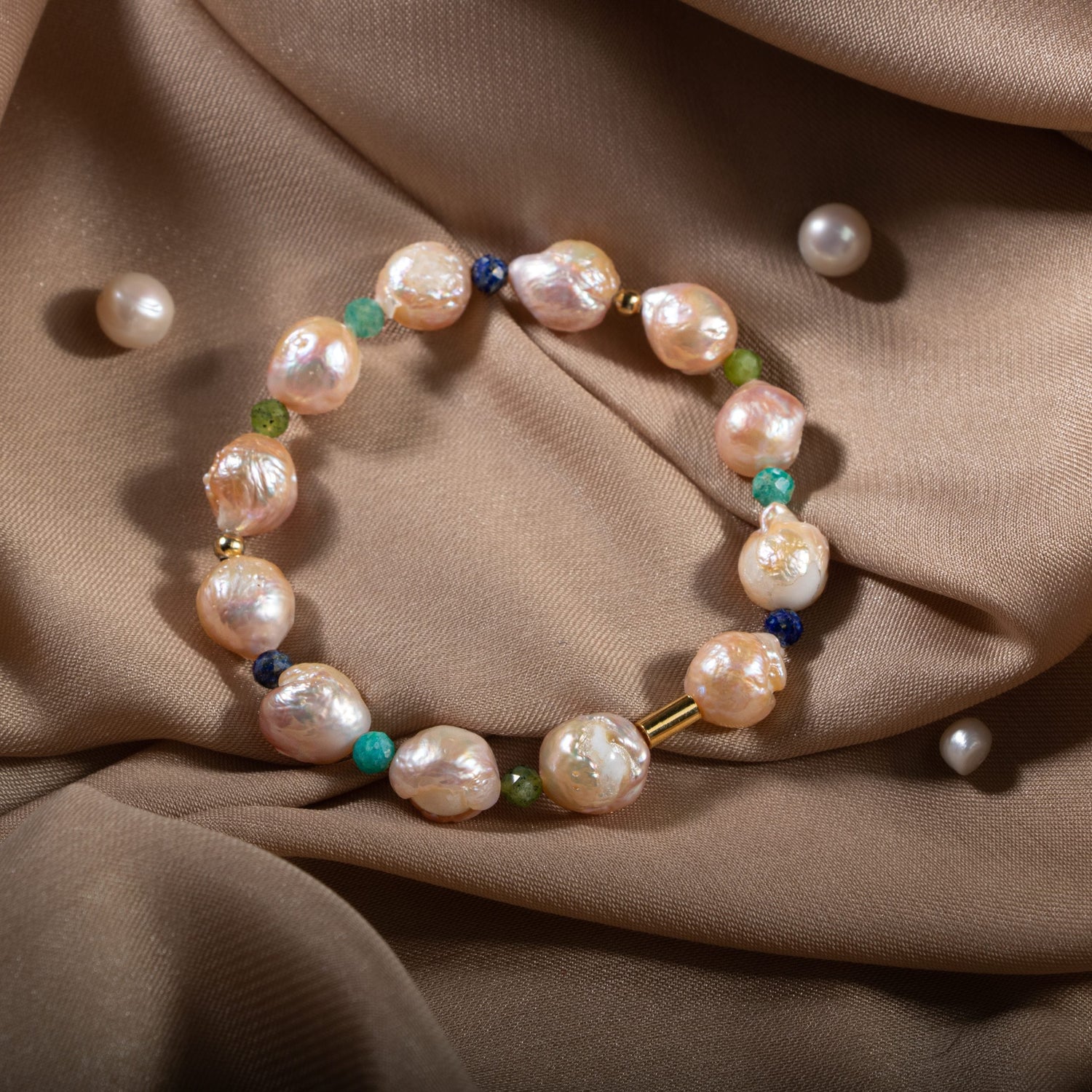 İnci-Lapis Lazuli-Amazonit-Yeşim Doğal Taş Gümüş Bileklik