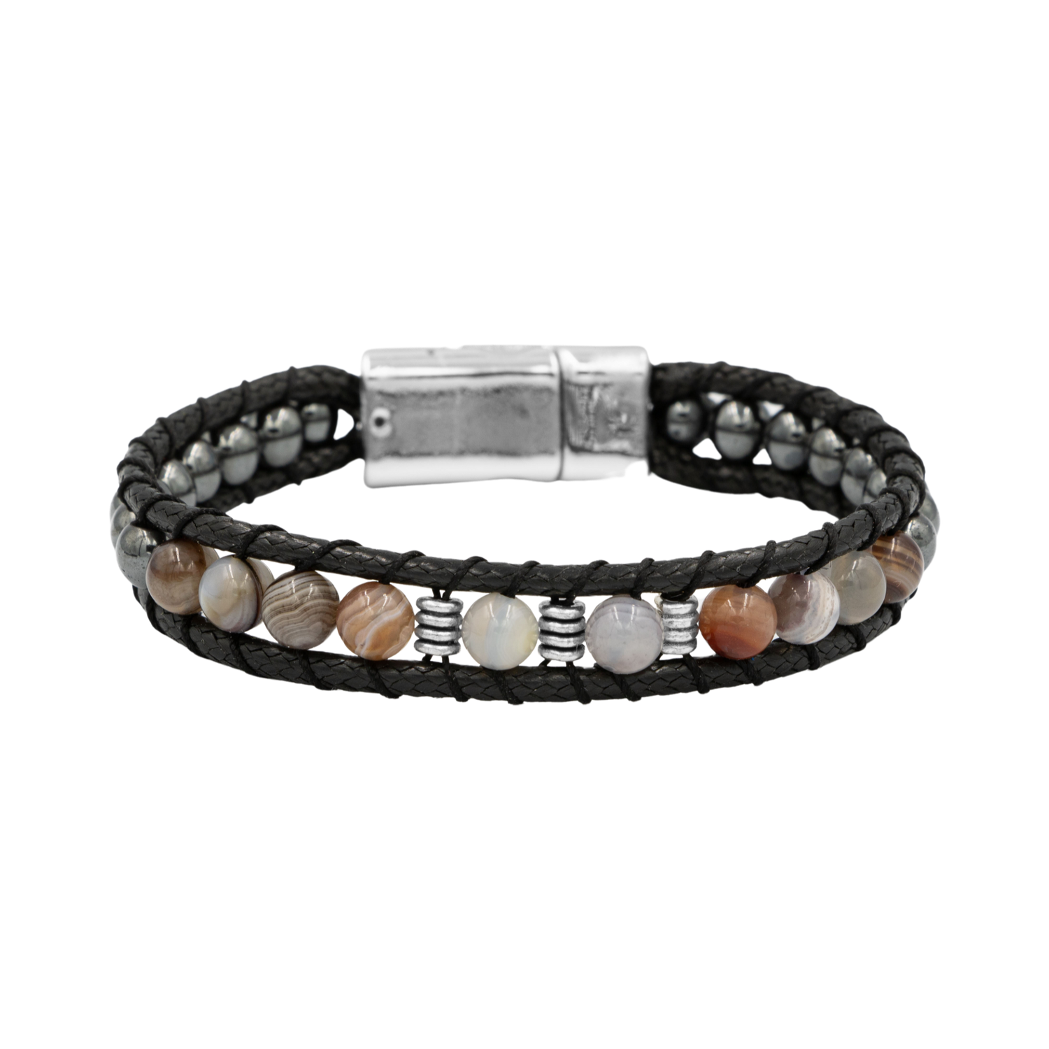 Botswana Akiği-Hematit Doğal Taş Erkek Makrome Bileklik