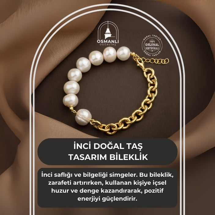 İnci Doğal Taş Doc Gümüş Zincir Tasarım Bileklik