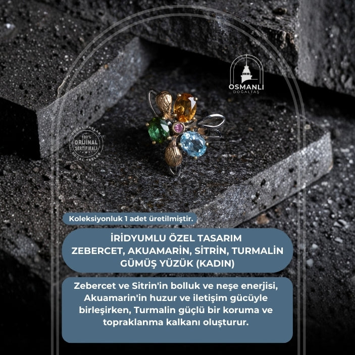 Sertifikalı İridyumlu Zebercet, Akuamarin, Sitrin, Turmalin Gümüş Özel Tasarım Yüzük (Kadın)