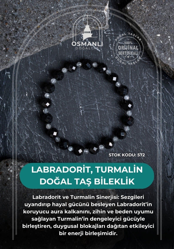 Sertifikalı Labradorit, Turmalin Doğal Taş Bileklik (SK:572)