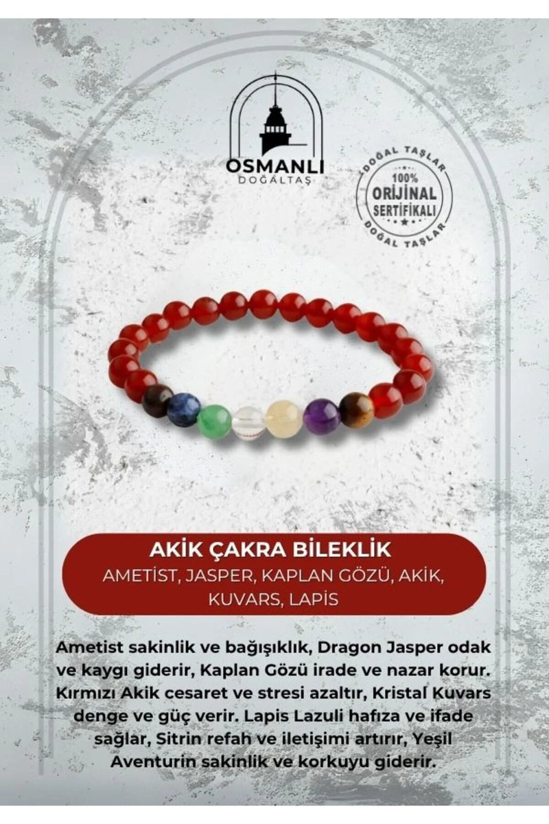 Akik Çakra Bileklik Ametist, Jasper, Kaplan Gözü, Akik, Kuvars, Lapis