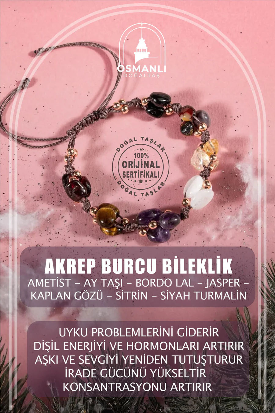 Akrep Burcu Bileklik Ametist, Ay Taşı, Bordo Granat Lal, Jasper, Kaplan Gözü, Sitrin, Siyah Turmalin