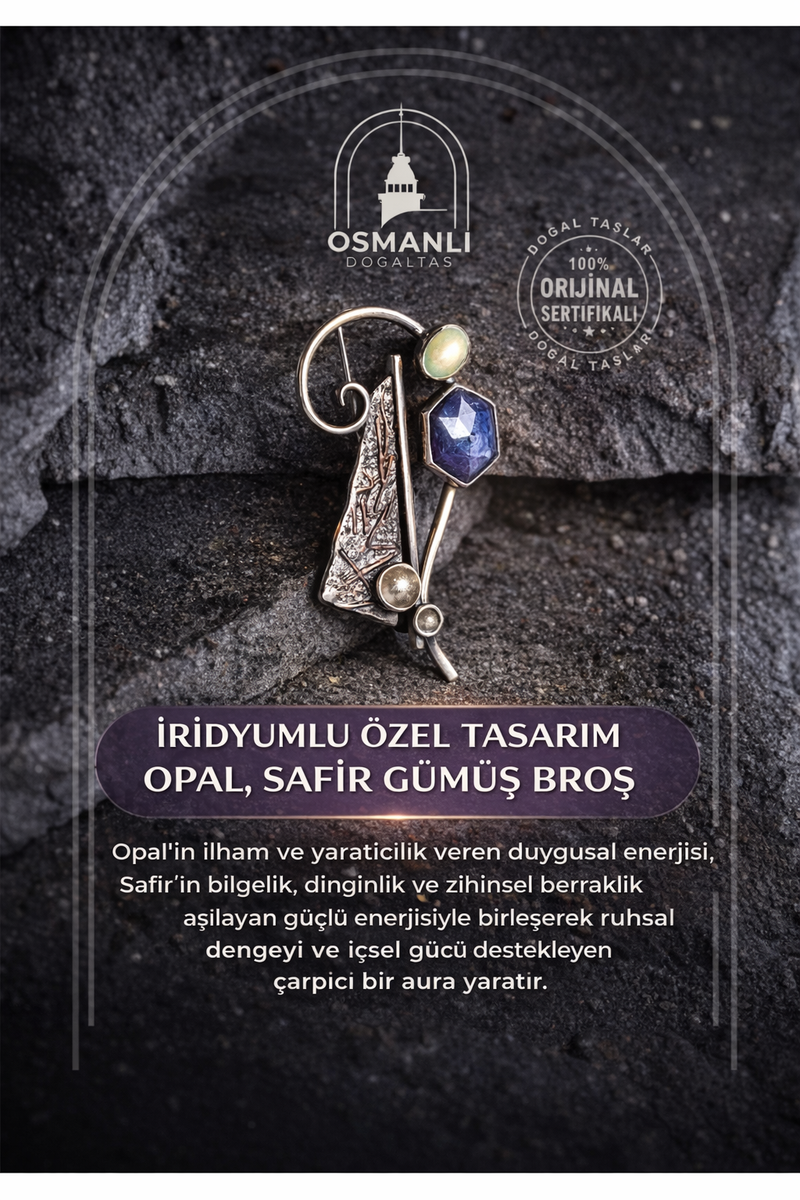 Sertifikalı İridyumlu Opal, Safir Özel Tasarım Gümüş Broş (SK:007)