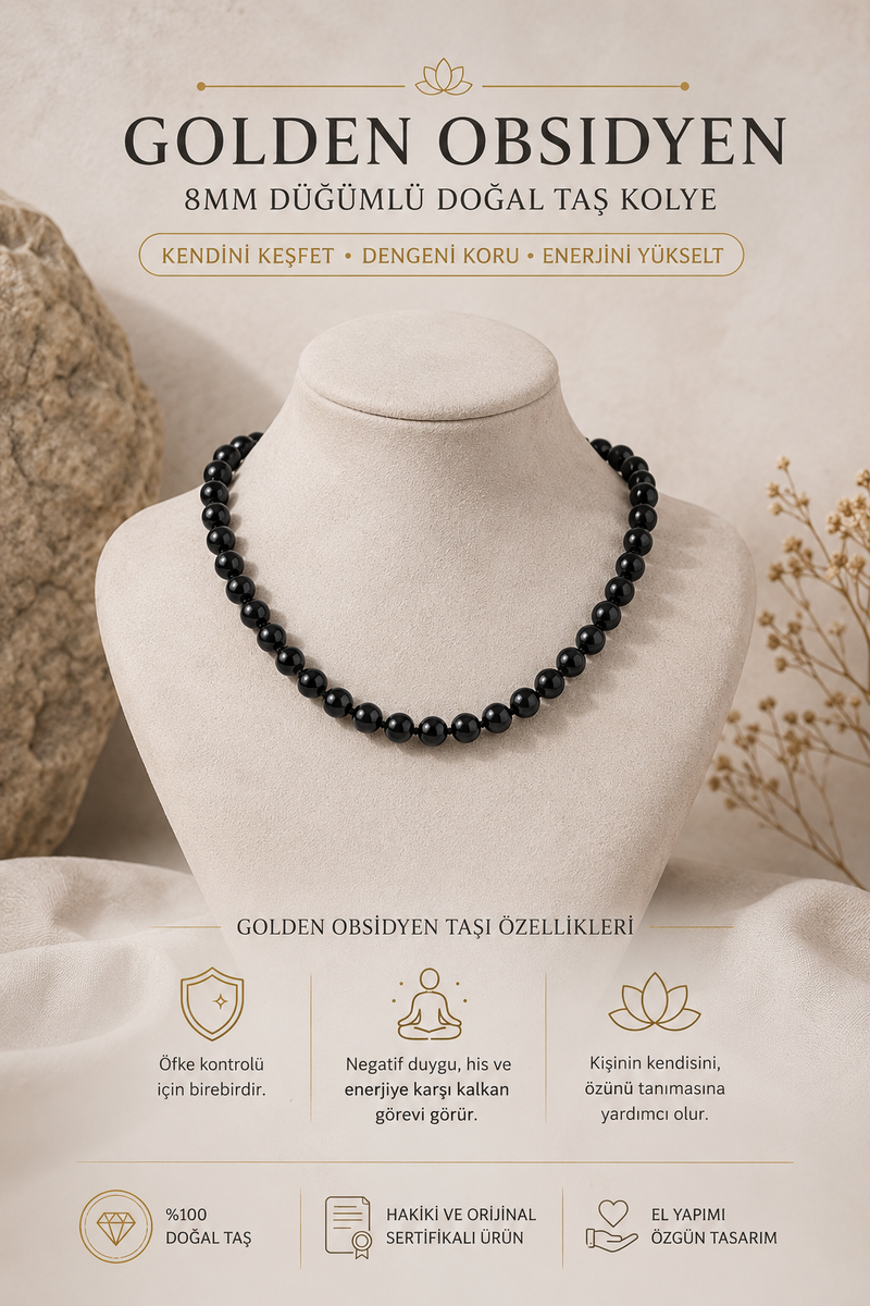 Golden Obsidyen 8 mm Düğümlü Doğal Taş Kolye