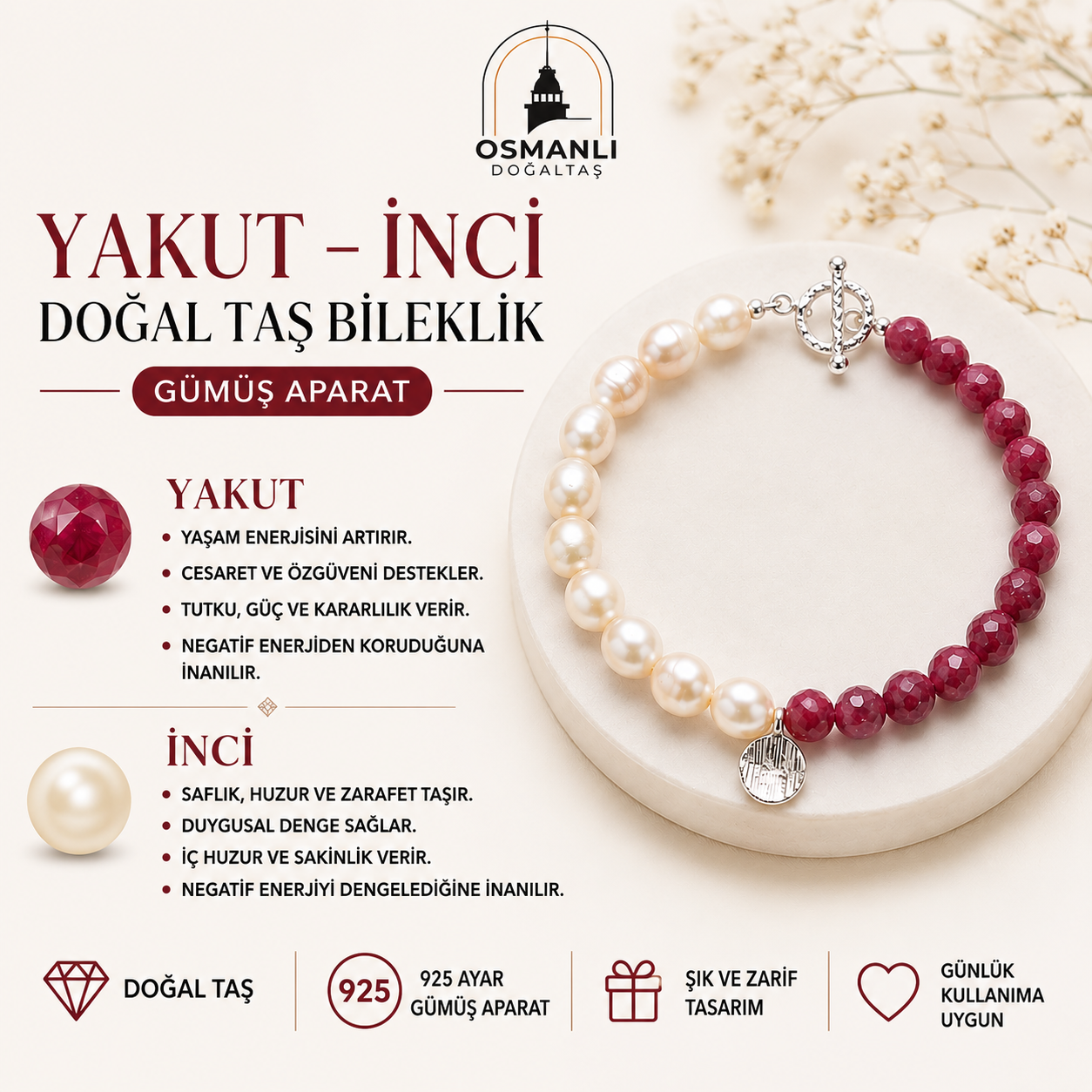 Yakut  - İnci Doğal Taş Gümüş Aparatlı Bileklik