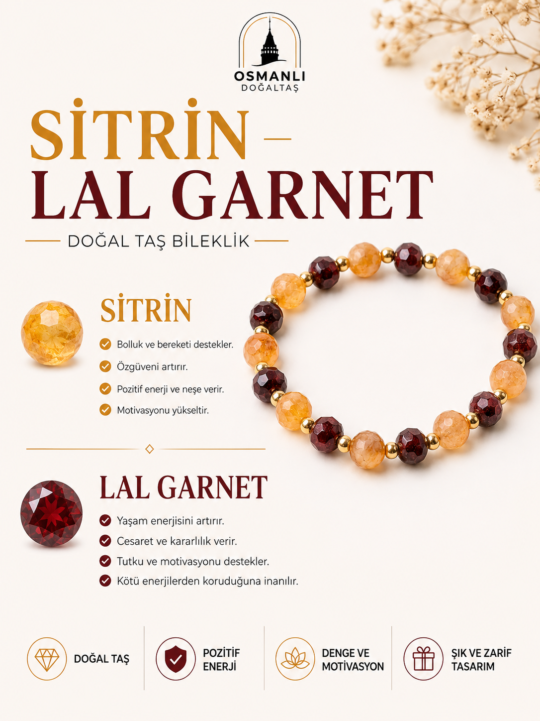 Sitrin - Lal Garnet Doğal Taş Özel Kesim Bileklik